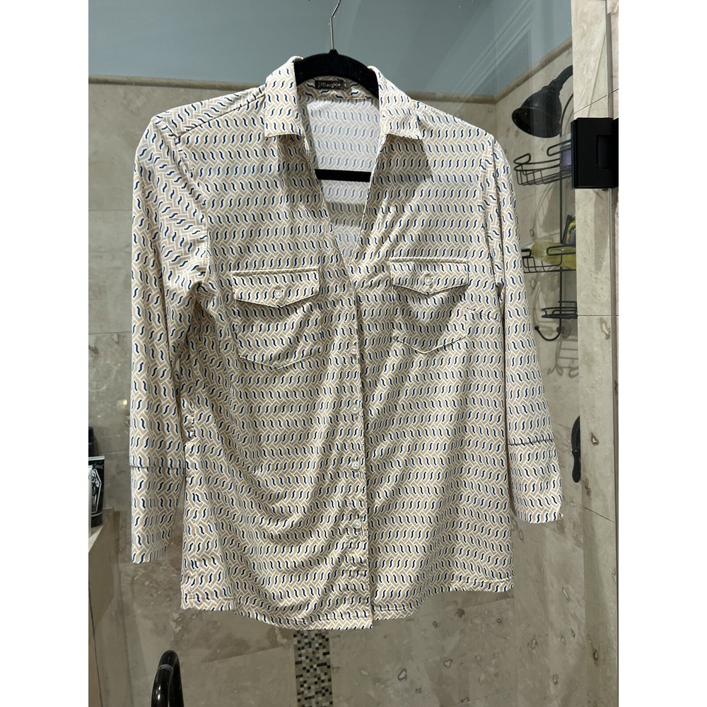 J. McLaughlin Geo Equestrian Tan Blue 3/4 Sleeve Top S Blouse